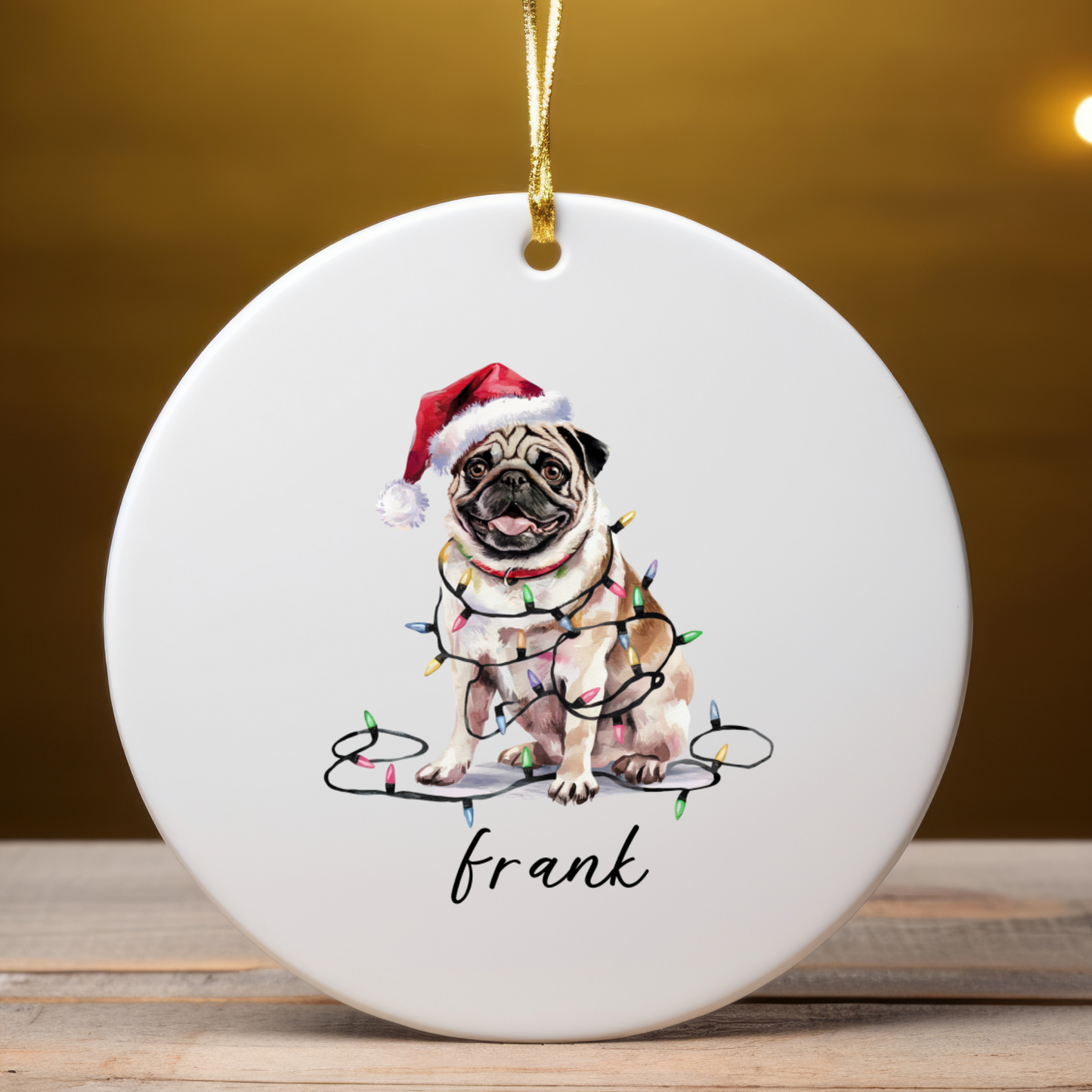 Pug Christmas Ornament, Personalized Tan Pug Keepsake