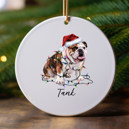 Personalized Bulldog Christmas Ornament, Ceramic Dog Lover Keepsake, Festive Lights Decoration
