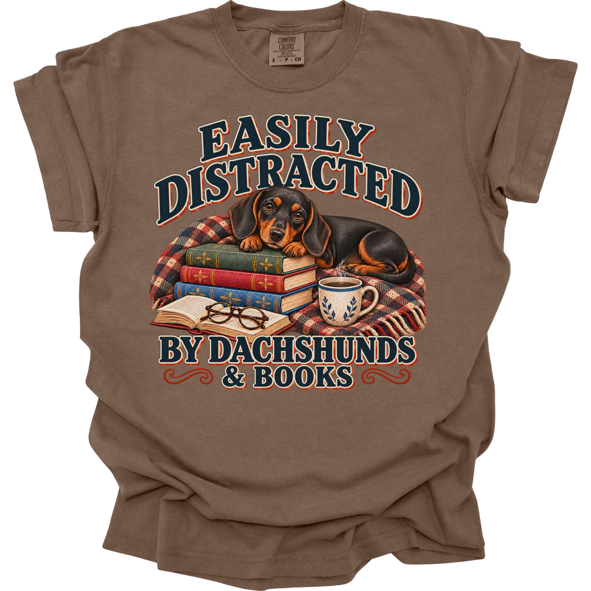 Black Tan Dachshund Shirt, Easily Distracted by Dachshunds and Books, Doxie Book Lover Tee