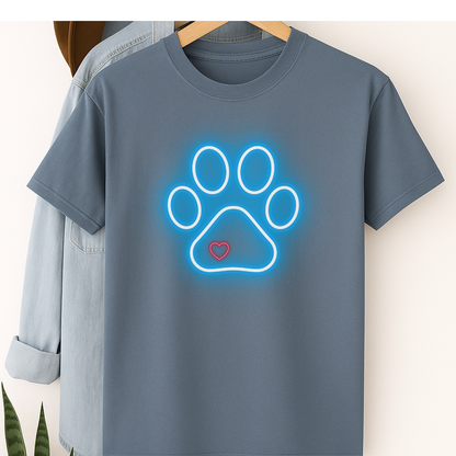 Neon Paw Print T-Shirt – Glowing Dog Lover Tee with Heart for Pet Parents & Animal Fans