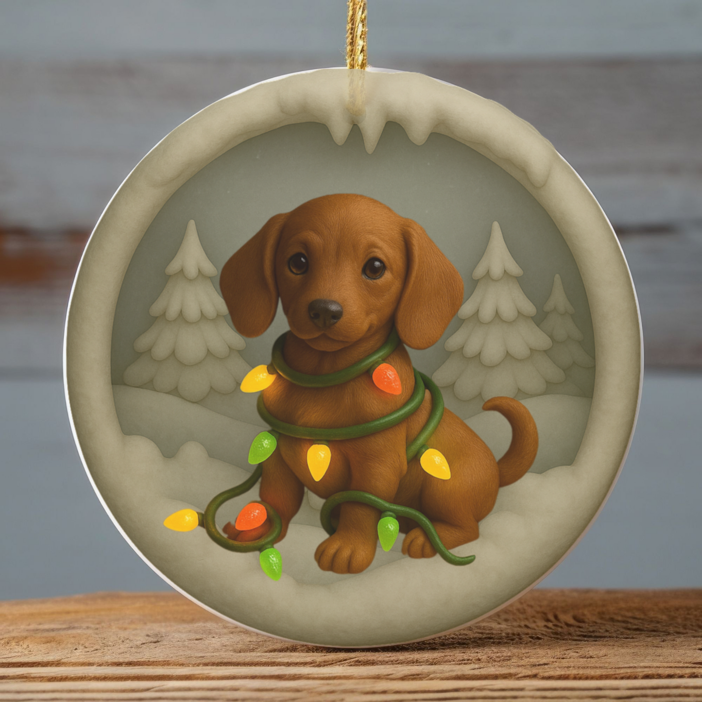 Personalized Red Dachshund Christmas Ornament, 3D Clay-Style Dog Keepsake with Lights