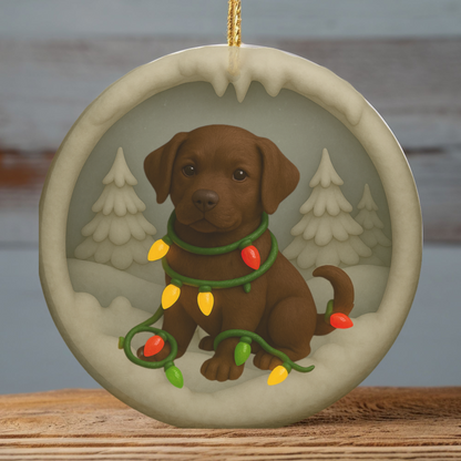 Personalized Chocolate Lab Christmas Ornament, Custom Labrador Retriever with Holiday Lights Keepsake