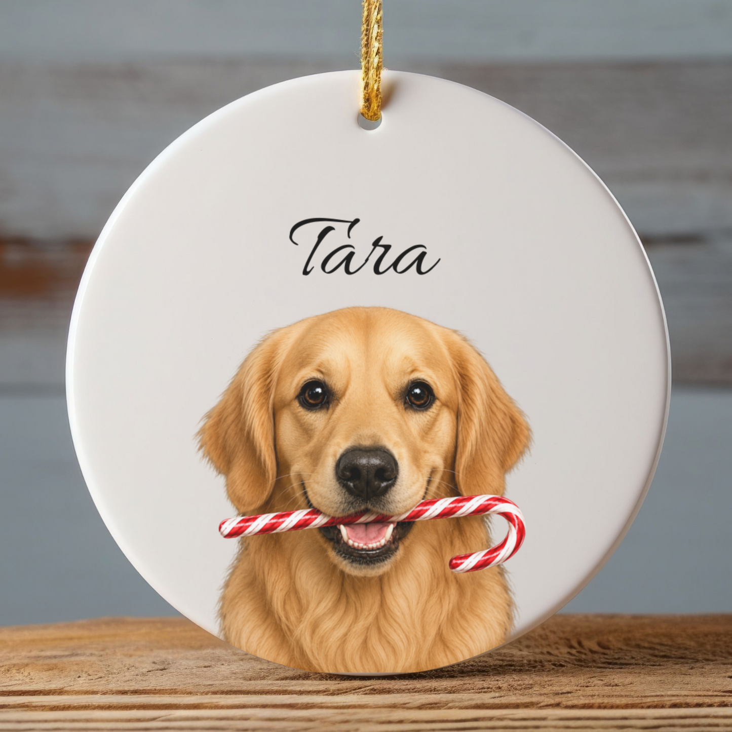 Personalized Golden Retriever Candy Cane Ornament