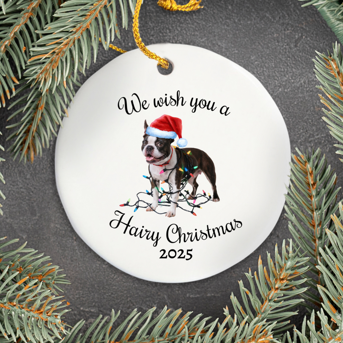 Christmas Boston Terrier Ornament, Christmas Lights Dog Keepsake