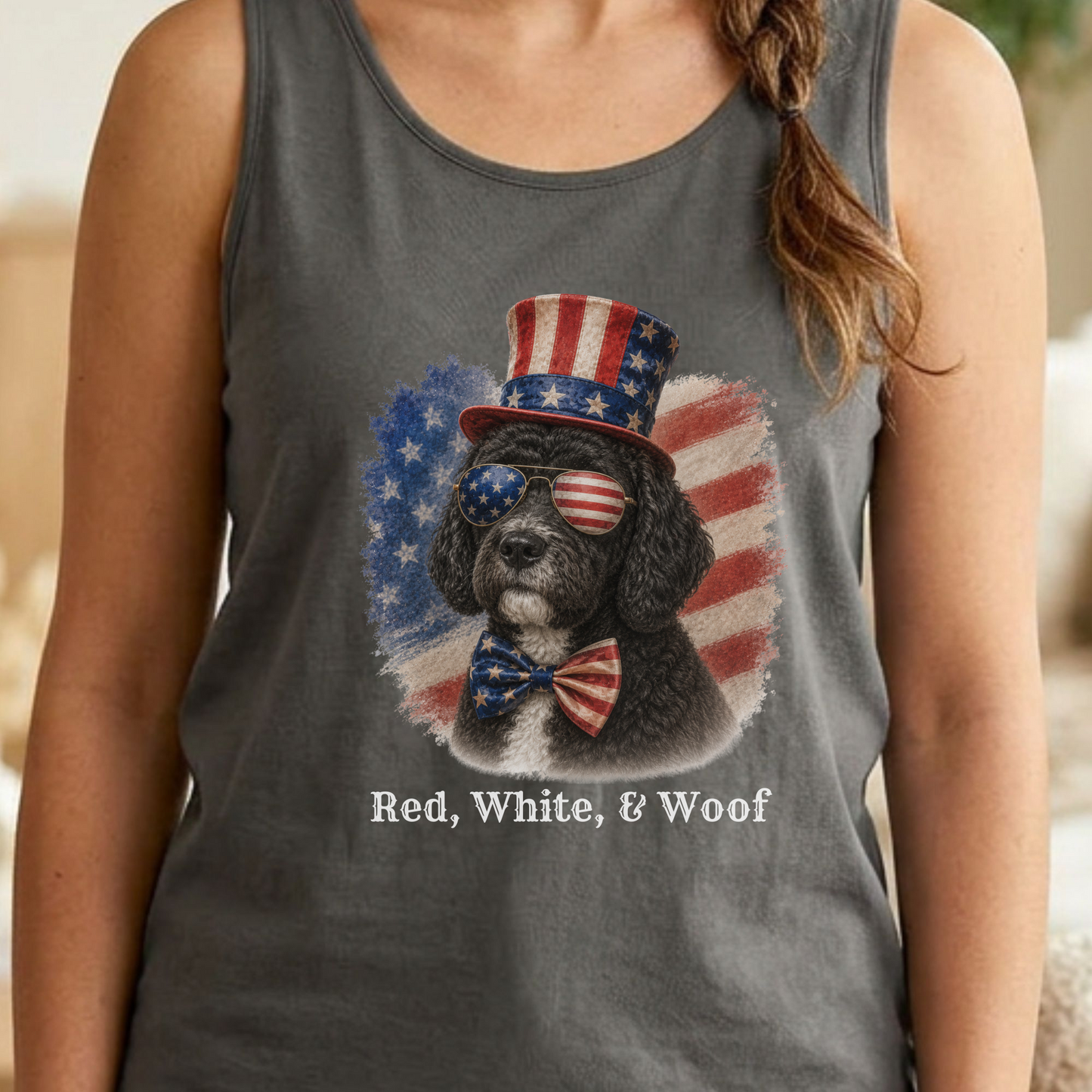 Patriotic Black Portuguese Water Dog Tank Top, Red White & Woof