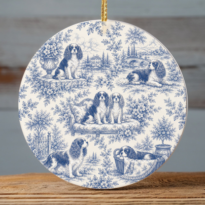 Cavalier French Blue Toile Dog Ornament