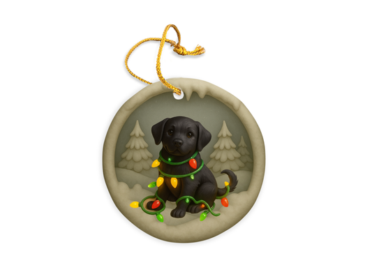 Black Lab Christmas Ornament, Personalized Labrador Retriever Puppy with Holiday Lights, Custom Dog Lover Gift, Tree Decoration