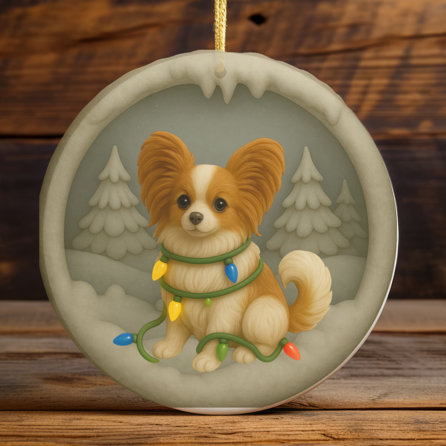 Personalized Papillon Christmas Ornament, 3D Clay-Style Dog Keepsake with Lights