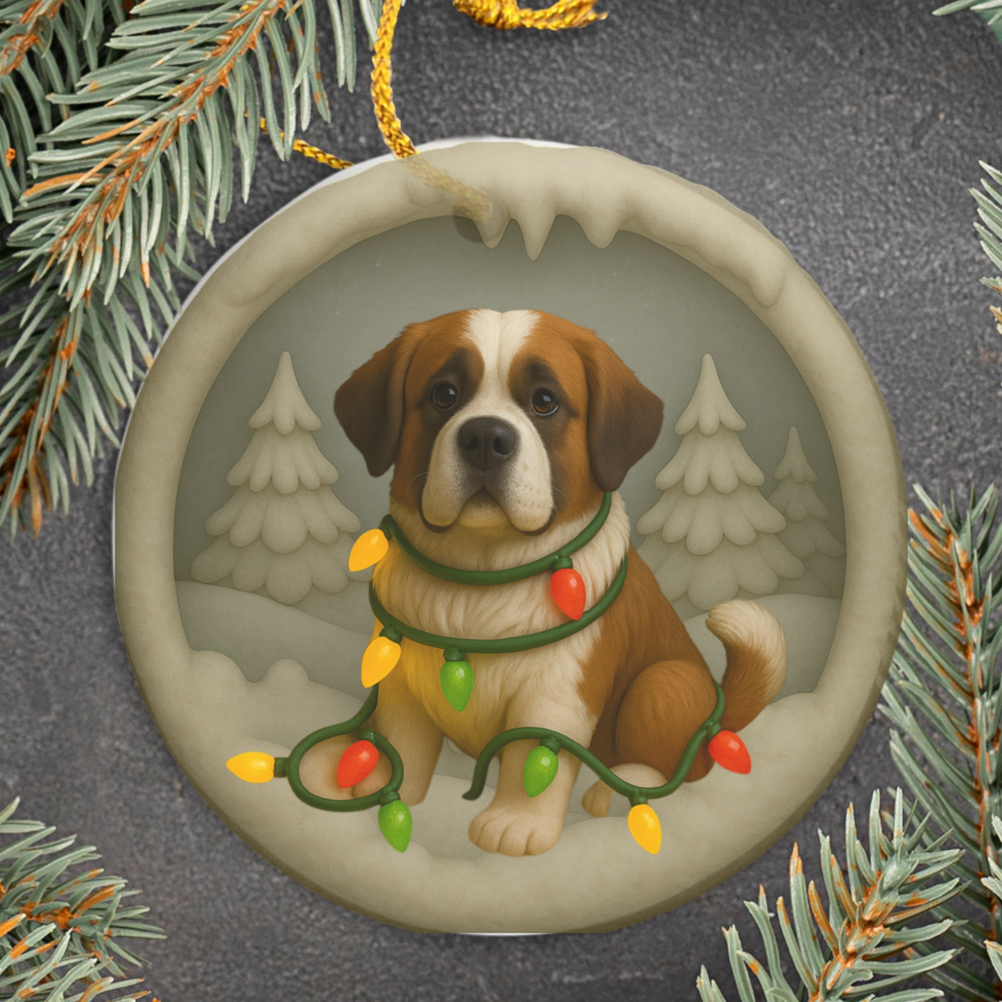 Personalized Saint Bernard Christmas Ornament, 3D Clay-Style Dog Keepsake with Lights