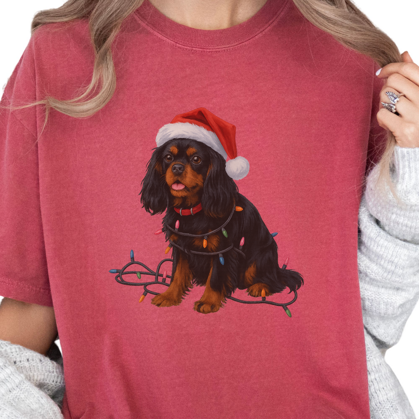Black and Tan Cavalier King Charles Spaniel Christmas Lights Dog Shirt, Festive Cavalier Holiday Tee for Dog Lovers