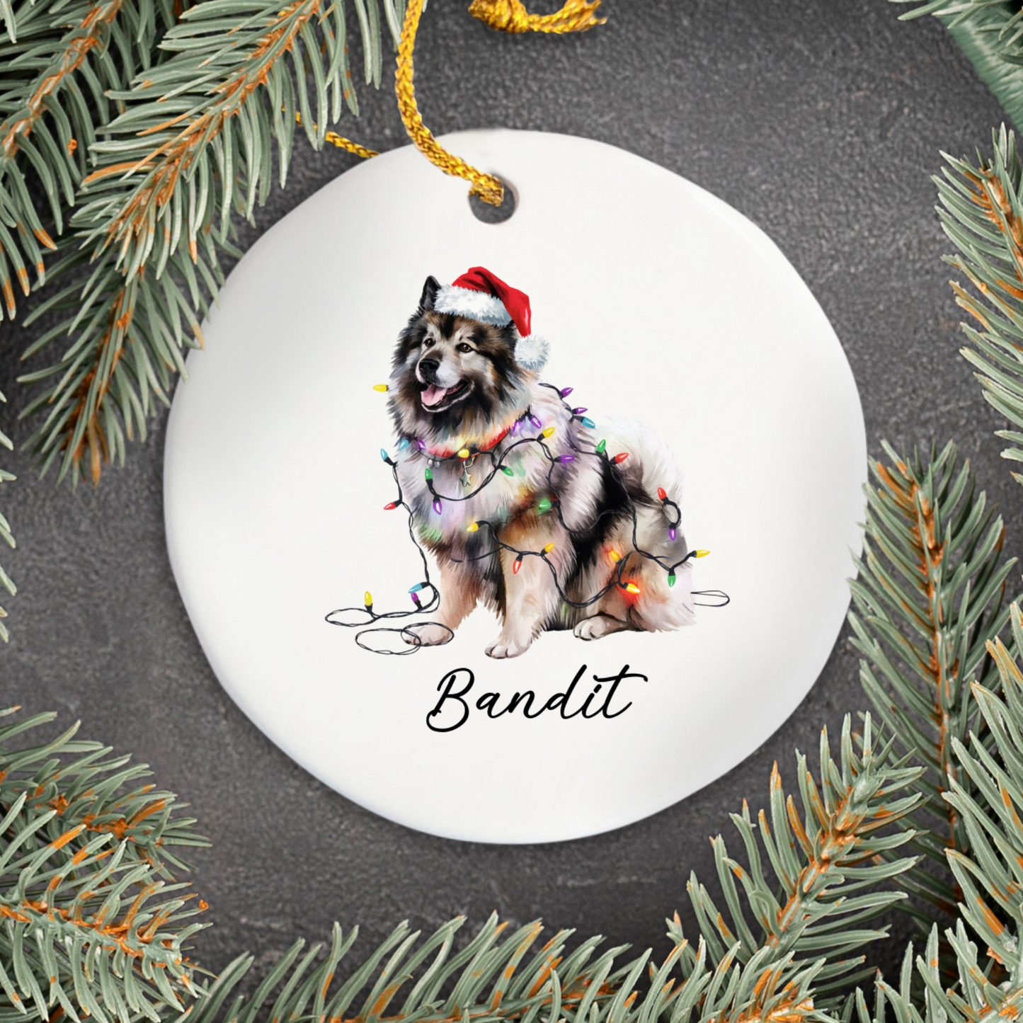 Personalized Keeshond Dog Ornament, Ceramic Christmas Tree Decor, Holiday Pet Keepsake