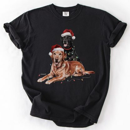 Black and Red Fox Labrador Christmas Shirt, Festive Dog Santa Hat Tee, Holiday Apparel Gift, Labrador Retriever Art Lovers