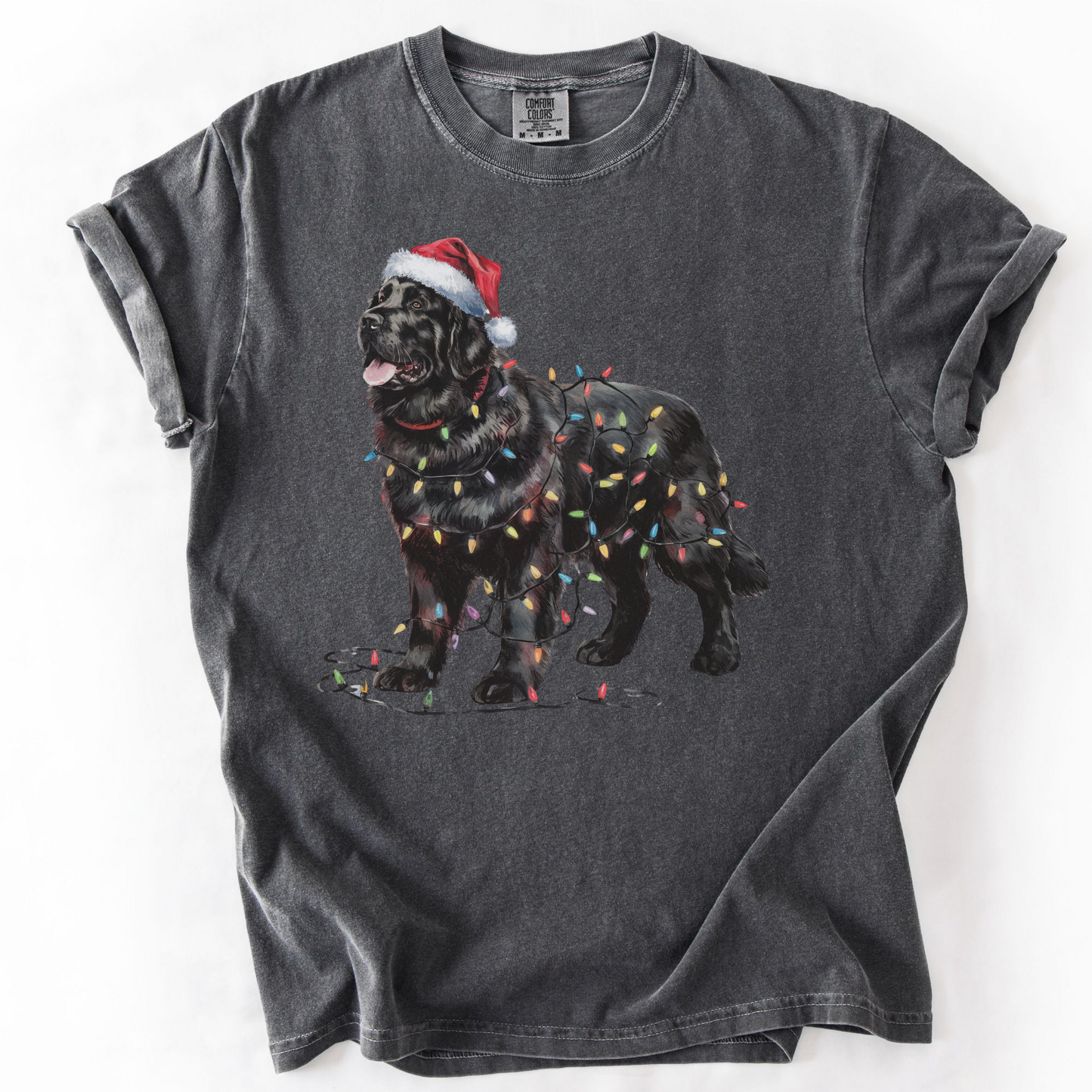 Black Newfoundland Christmas Lights Shirt, Cozy Holiday Tee for Gentle Giant Lovers
