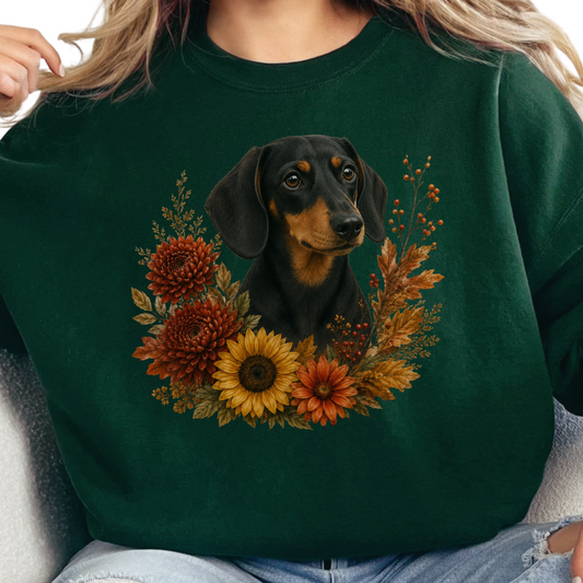 Black and Tan Dachshund Autumn Floral Sweatshirt Cozy Fall Dog Lover Gift Botanical Crewneck Pullover