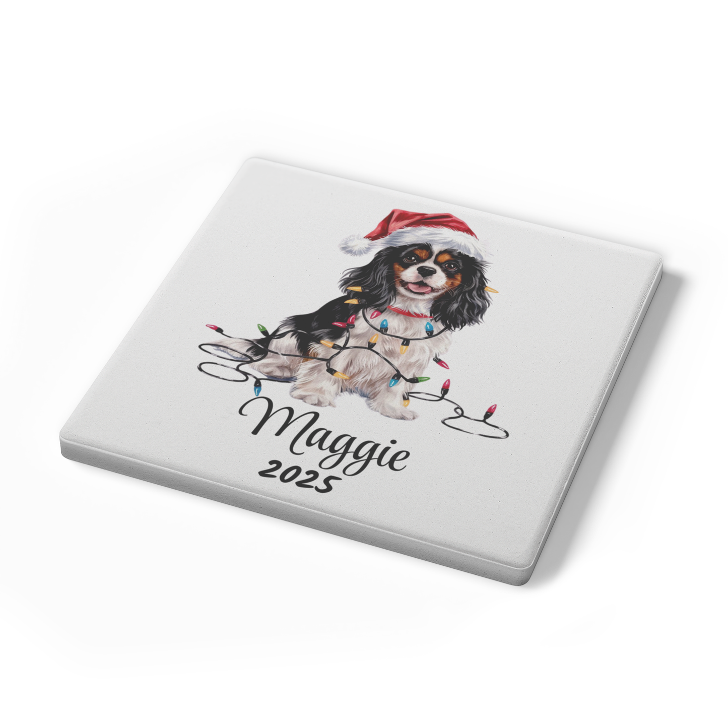 Personalized Tri-Color Cavalier King Charles Spaniel Christmas Coaster Set