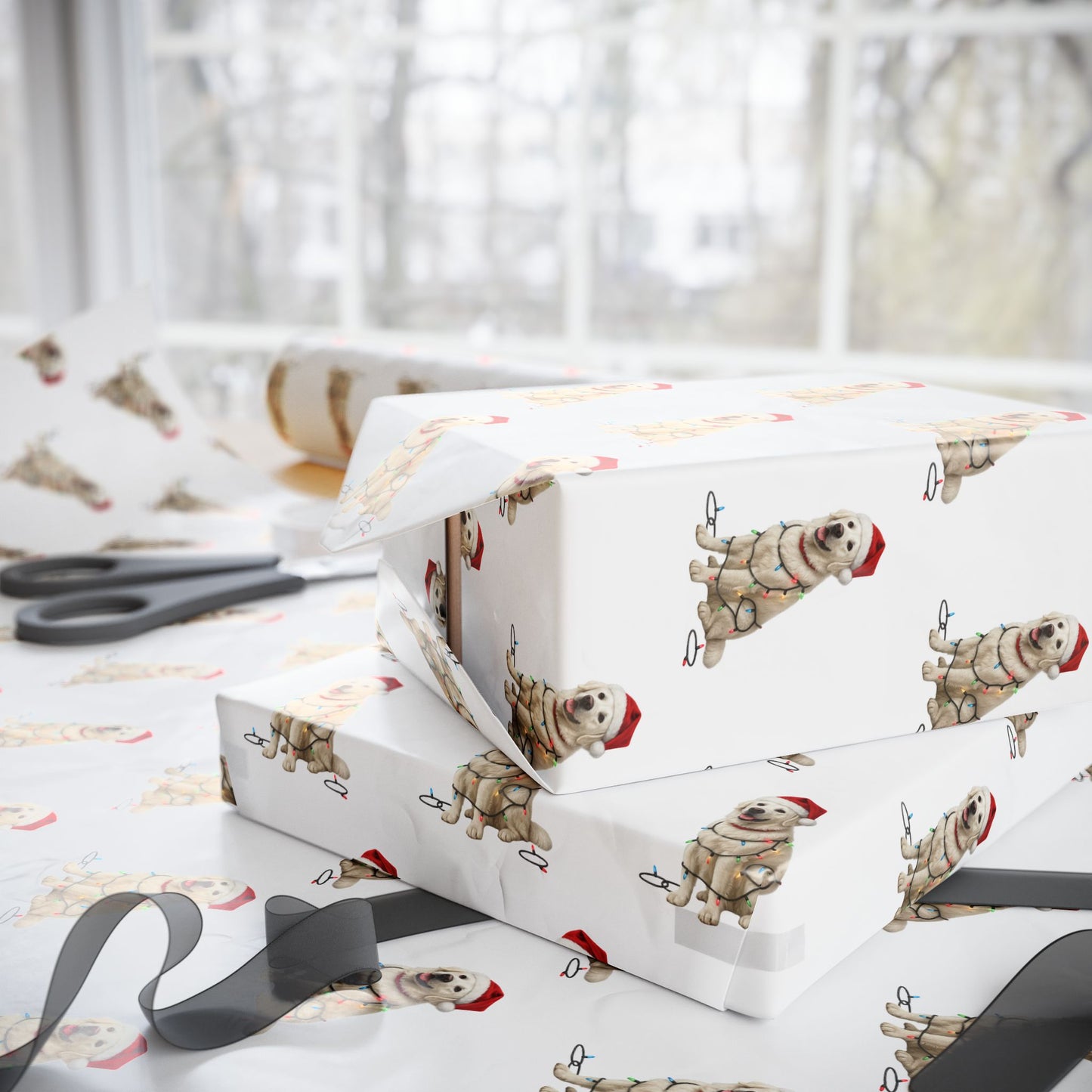 English Cream Golden Retriever Christmas Lights Wrapping Paper