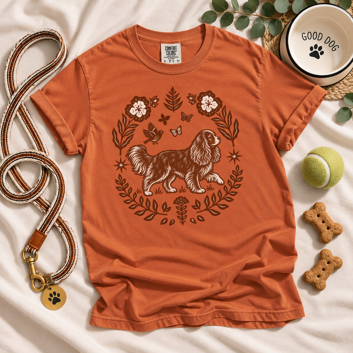 Ruby Cavalier Comfort Colors Shirt, Folk Art King Charles Spaniel Tee, Dog Gift