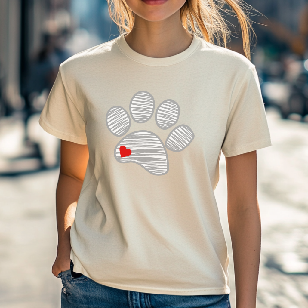 Sketched Paw Print Heart T-Shirt – Minimalist Dog Lover Tee with Cute Red Heart Design