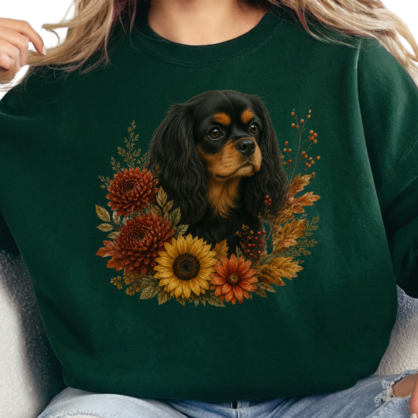 Black Tan Cavalier Autumn Floral Sweatshirt