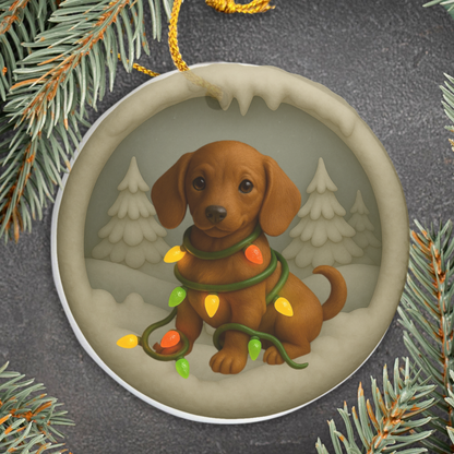 Personalized Red Dachshund Christmas Ornament, 3D Clay-Style Dog Keepsake with Lights