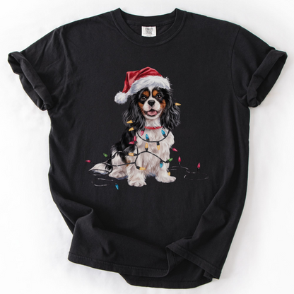 Tri-Color Cavalier King Charles Spaniel Christmas T-Shirt, Festive Dog Lover Holiday Gift, Santa Hat Dog Tee, Cute Cavalier Art