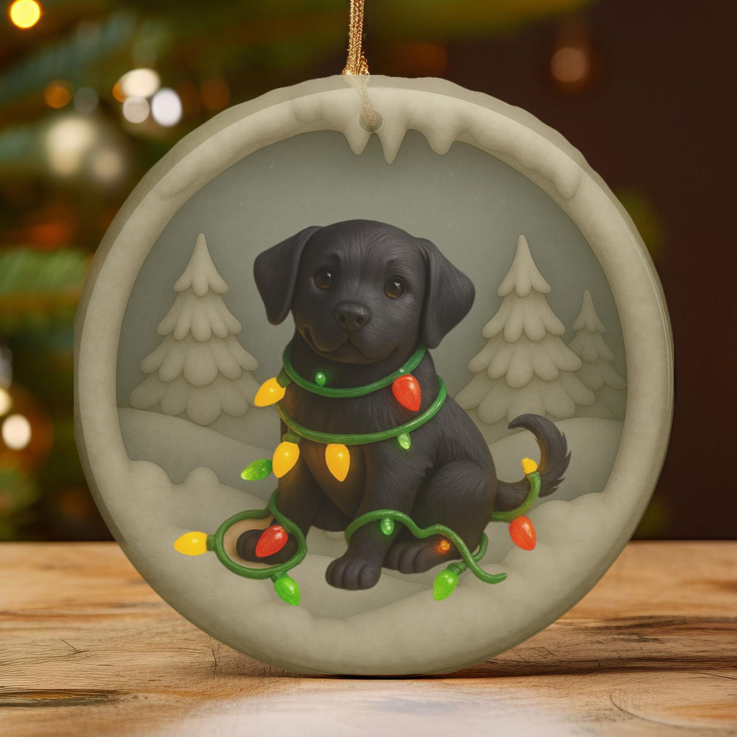 Black Lab Christmas Ornament, Personalized Labrador Retriever Puppy with Holiday Lights, Custom Dog Lover Gift, Tree Decoration