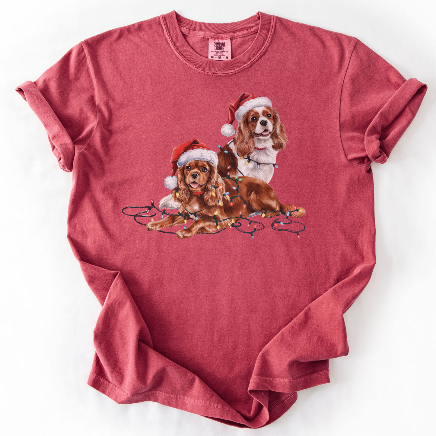 Cavalier King Charles Spaniel Christmas Shirt, Ruby and Blenheim Spaniel Gift, Dog Santa Hat Tee, Festive Holiday Dog Art