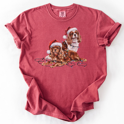 Cavalier King Charles Spaniel Christmas Shirt, Ruby and Blenheim Spaniel Gift, Dog Santa Hat Tee, Festive Holiday Dog Art