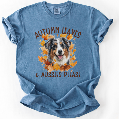 Australian Shepherd Fall Comfort Colors Dog Mom Shirt, Autumn Leaves & Aussies Please