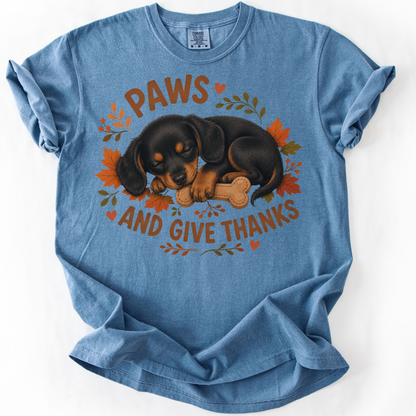 Black and Tan Dachshund Thanksgiving Shirt, Paws Give Thanks Tee, Fall Doxie Lover Gift