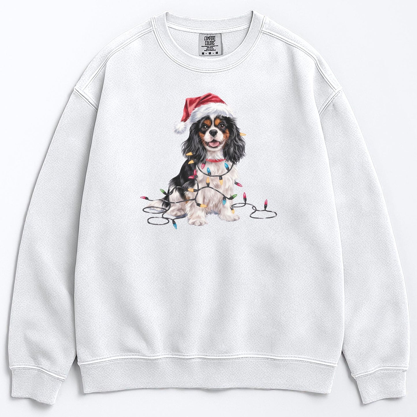 Tri-color Cavalier Christmas Sweatshirt, Holiday Dog Lover Gift, Cozy Festive Apparel, Santa Hat Spaniel, Pet Parent Sweater