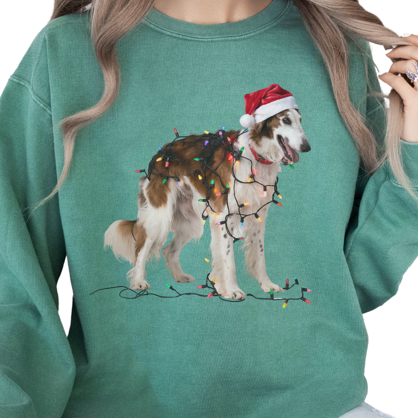Christmas Borzoi Sweatshirt, Dog Wrapped in Lights, Festive Dog Lover Apparel