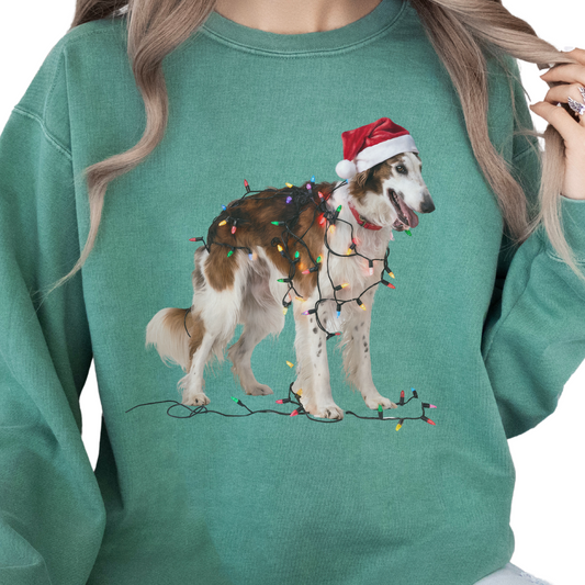 Christmas Borzoi Sweatshirt, Dog Wrapped in Lights, Festive Dog Lover Apparel