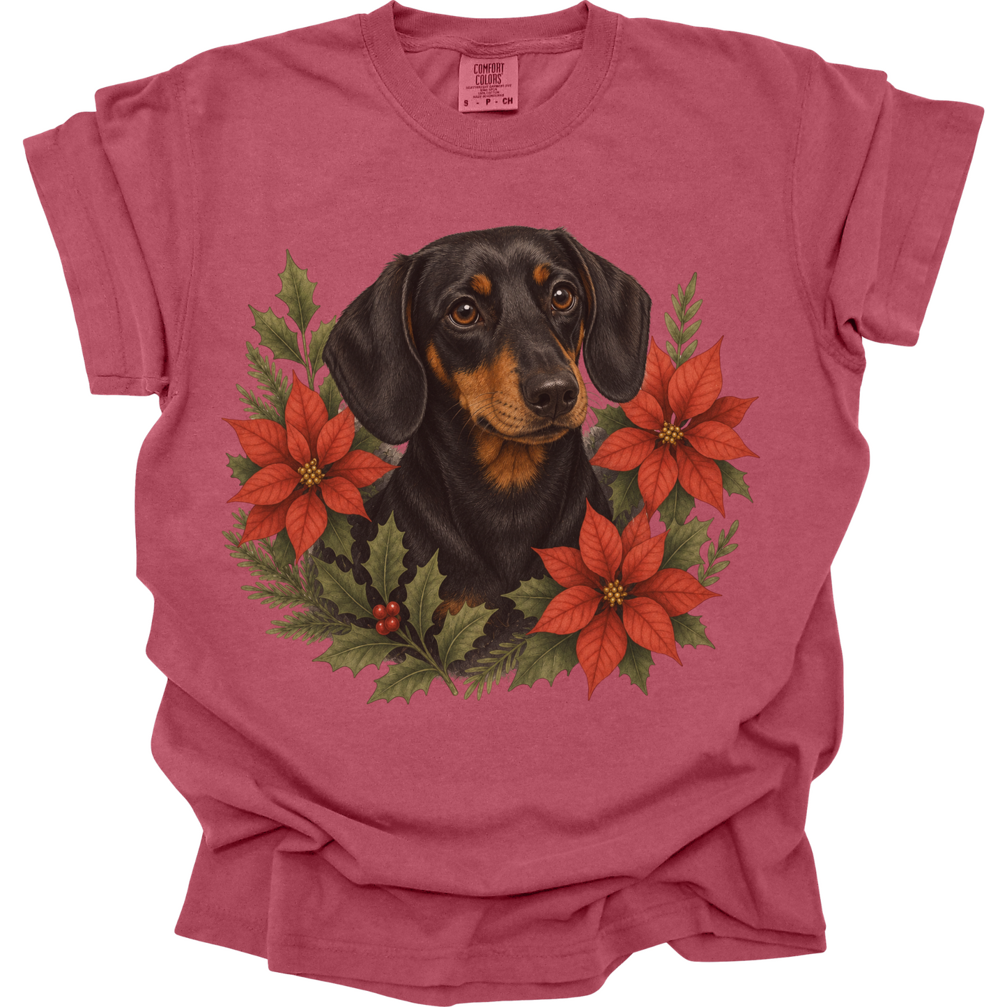 Black and Tan Dachshund Christmas Shirt, Poinsettia Dog Mom Holiday Tee