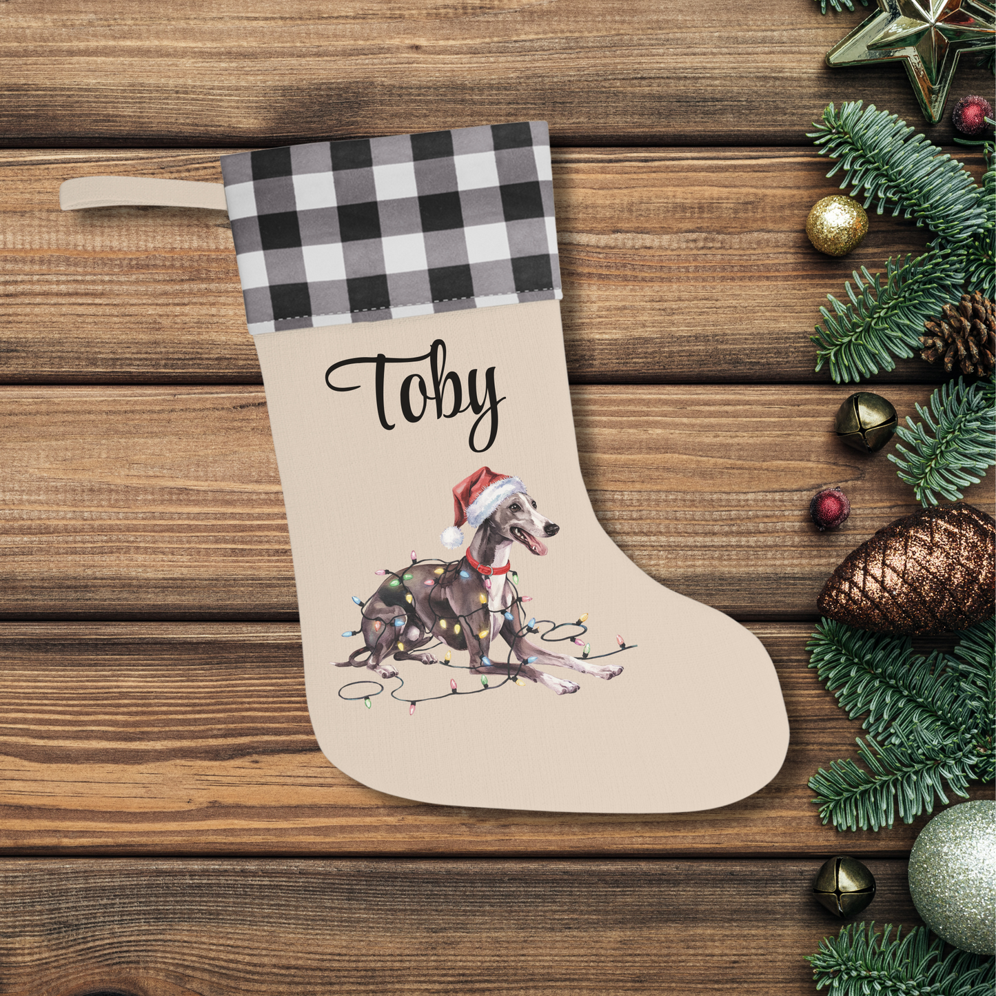 Personalized Greyhound Christmas Stocking, Holiday Decor Gift for Pet Lovers
