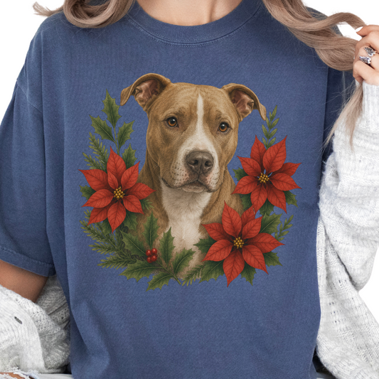 Pit Bull Christmas Shirt, Poinsettia Pitbull Dog Mom Holiday Tee