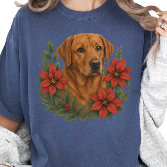 Fox Red Lab Christmas Shirt, Poinsettia Labrador Retriever Dog Mom Holiday Tee