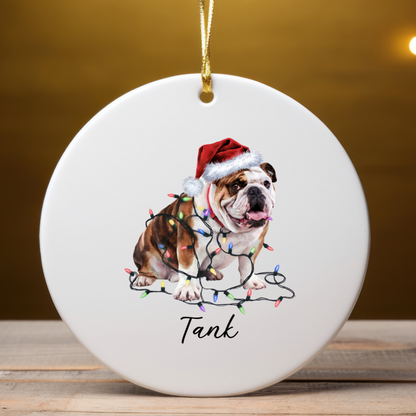 Personalized Bulldog Christmas Ornament, Ceramic Dog Lover Keepsake, Festive Lights Decoration