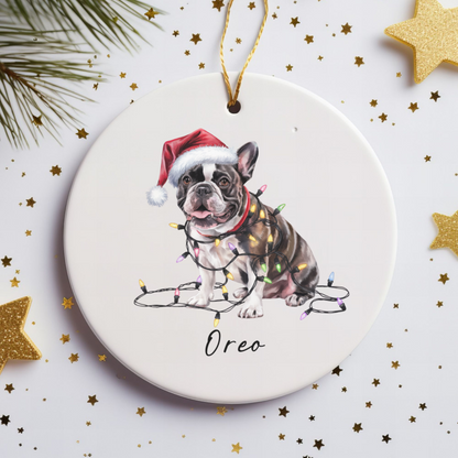 Personalized Black French Bulldog Ceramic Ornament, Dog Christmas Gift, Festive Lights Keepsake