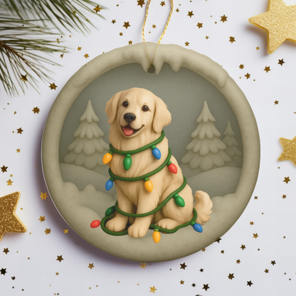 Personalized English Cream Golden Retriever Christmas Ornament, Custom Golden with Holiday Lights Keepsake
