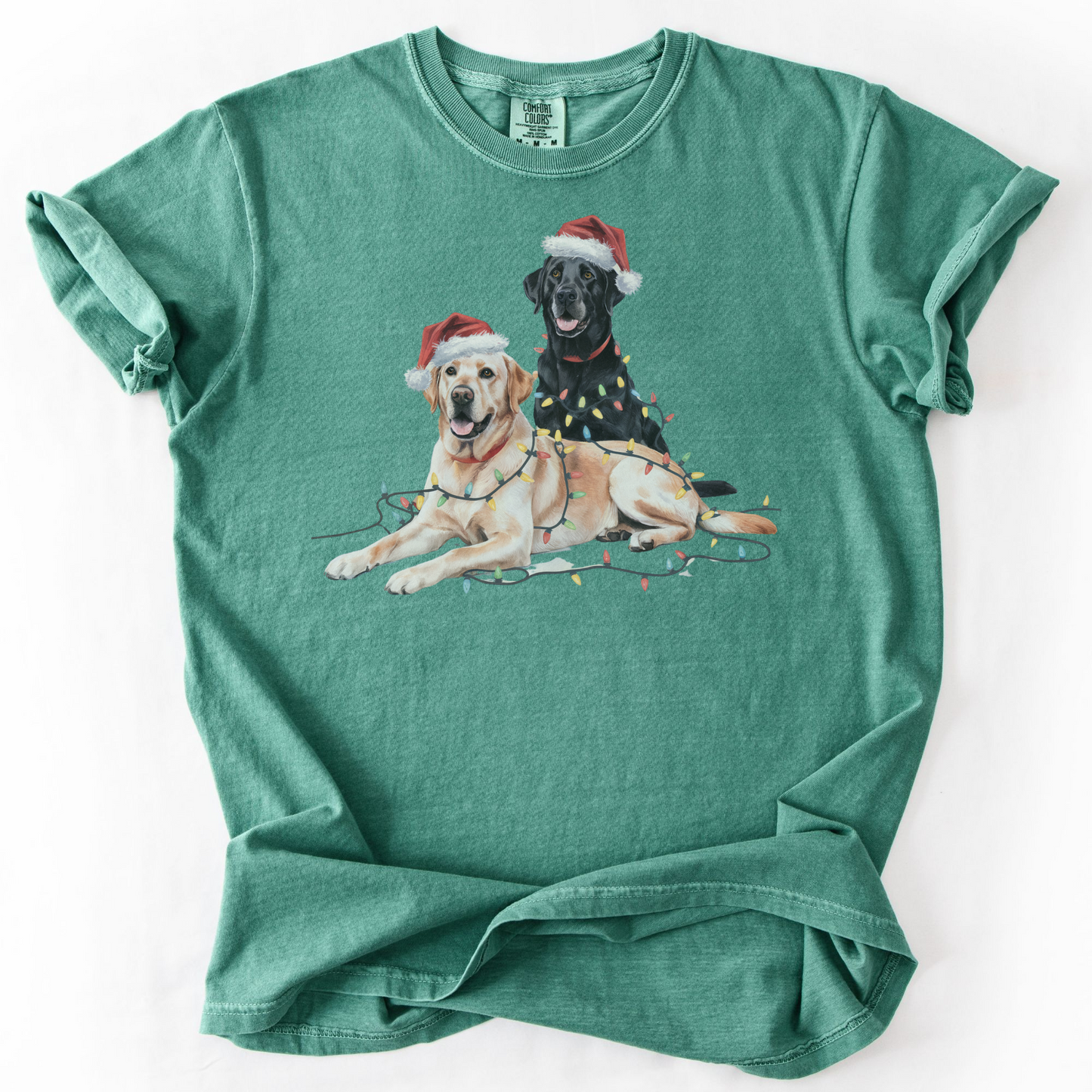 Christmas Labs Shirt, Cute Black and Yellow Labrador Retriever in Santa Hats & Lights, Holiday Dog Lover Gift, Funny Christmas Dog Tee