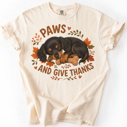Black and Tan Dachshund Thanksgiving Shirt, Paws Give Thanks Tee, Fall Doxie Lover Gift