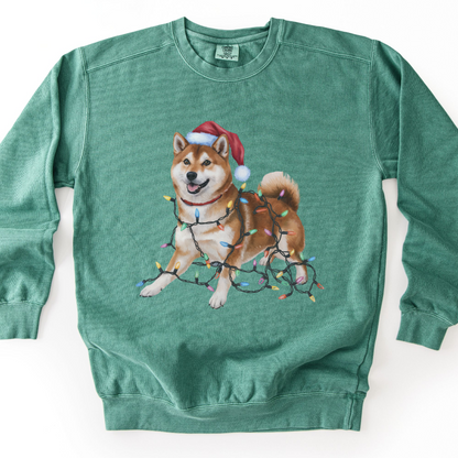 Christmas Shiba Inu Sweatshirt, Dog Tangled in Lights, Santa Hat Dog Lover Gift