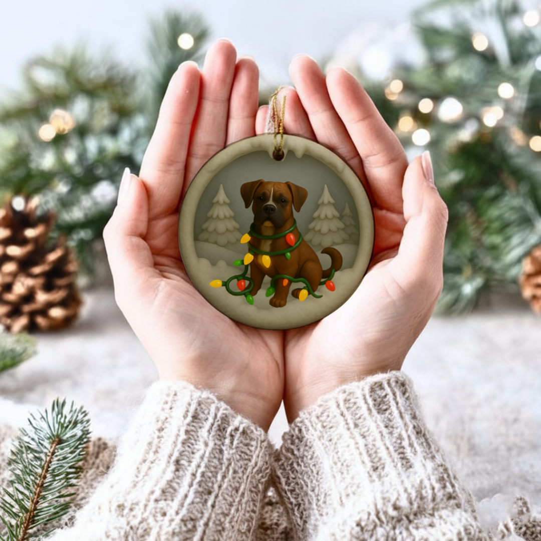 Personalized Boxer Christmas Ornament, Custom Dog with Holiday Lights Keepsake