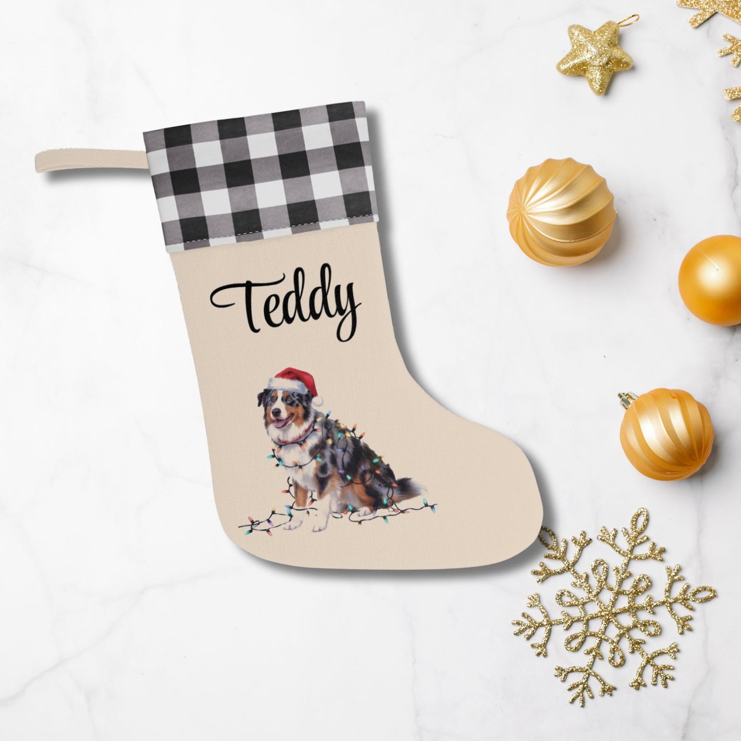 Personalized Christmas Australian Shepherd Stocking, Xmas Decor, Plaid Cuff Holiday Stocking