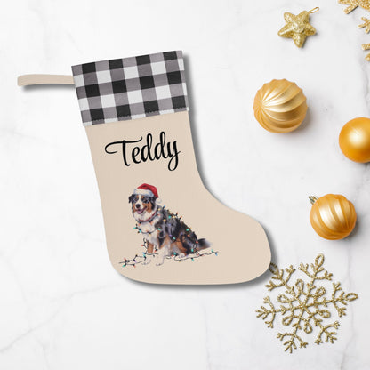 Personalized Christmas Australian Shepherd Stocking, Xmas Decor, Plaid Cuff Holiday Stocking