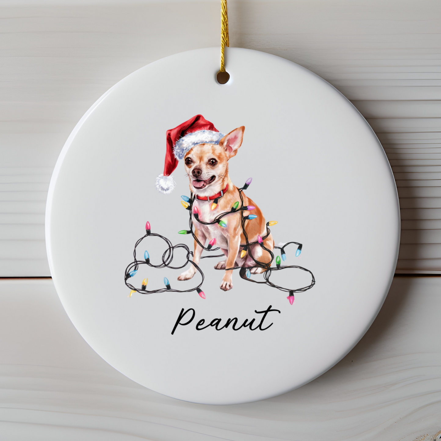 Personalized Tan Chihuahua Christmas Ornament, Custom Dog Name Holiday Keepsake, Ceramic Decor