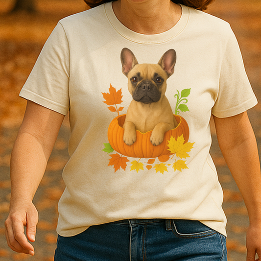Fawn French Bulldog in Pumpkin Fall Shirt, Cute Autumn Dog Tee for Frenchie Lovers