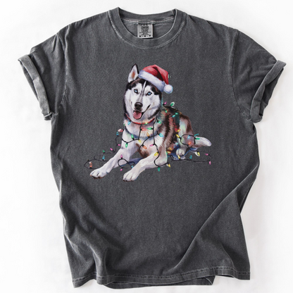 Siberian Husky Christmas Lights Shirt, Festive Holiday Tee for Husky Lovers