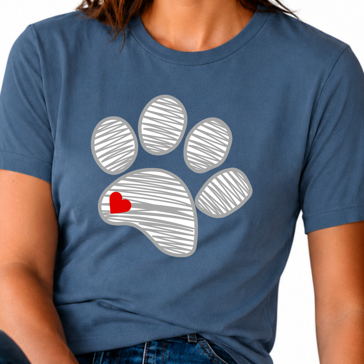 Sketched Paw Print Heart T-Shirt – Minimalist Dog Lover Tee with Cute Red Heart Design